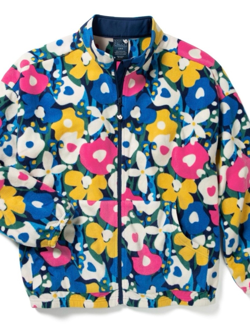 Zoe + Chloe Colorful Floral Fleece Scrub Jacket - Blue/Pink/Yellow -